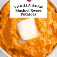 Potatoes, text overlay reads "vanilla bean mashed sweet potatoes."