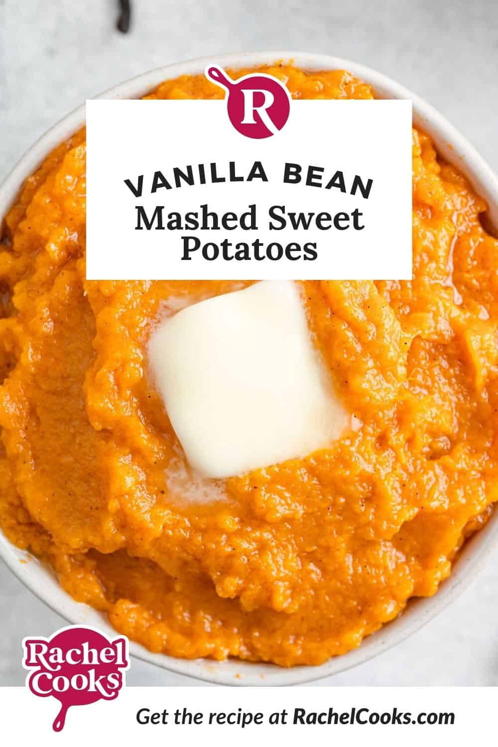 Potatoes, text overlay reads "vanilla bean mashed sweet potatoes."