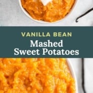 Potatoes, text overlay reads "vanilla bean mashed sweet potatoes."