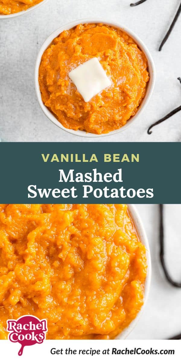 Potatoes, text overlay reads "vanilla bean mashed sweet potatoes."