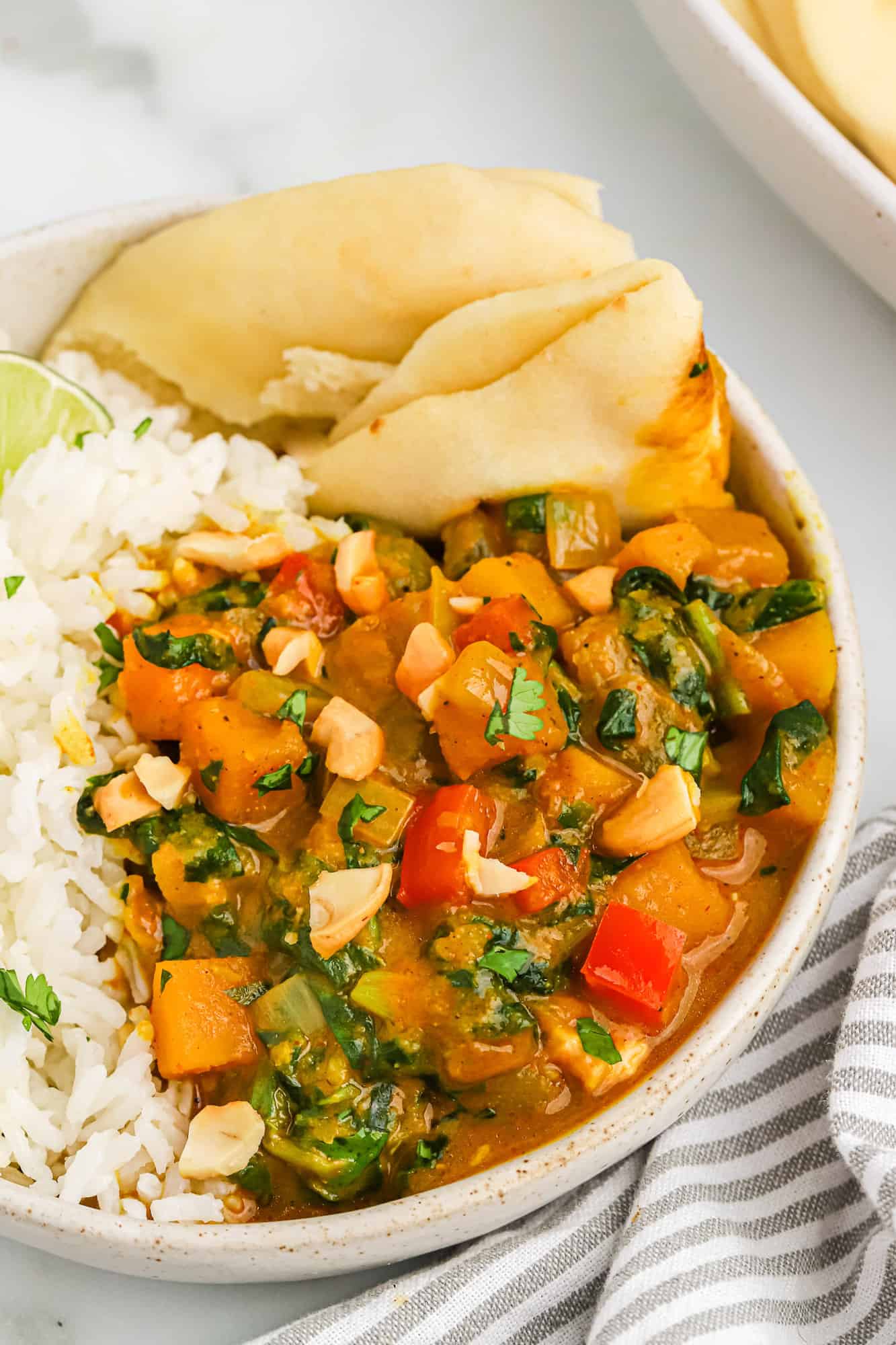 Butternut squash curry with rice and naan.