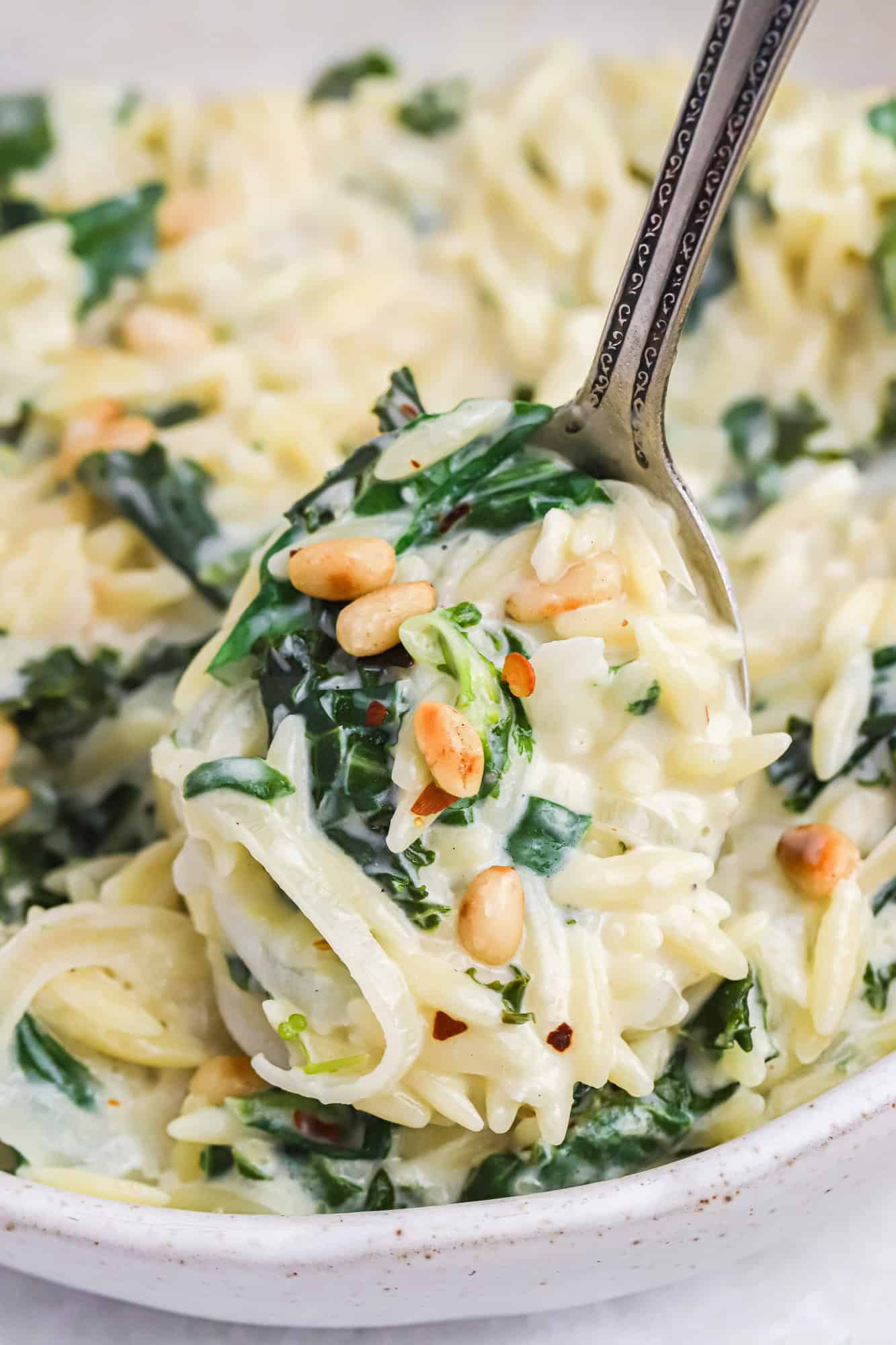 Close up of creamy orzo on spoon.