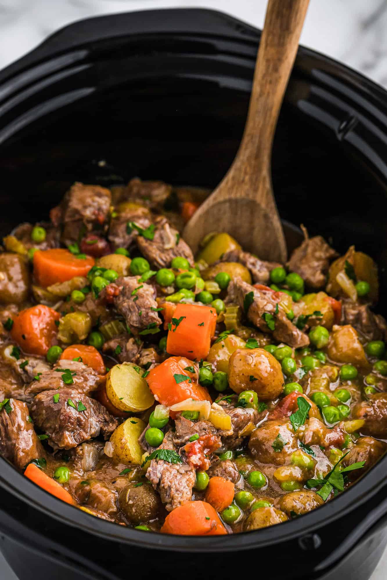 Beef stew in a crockpot.