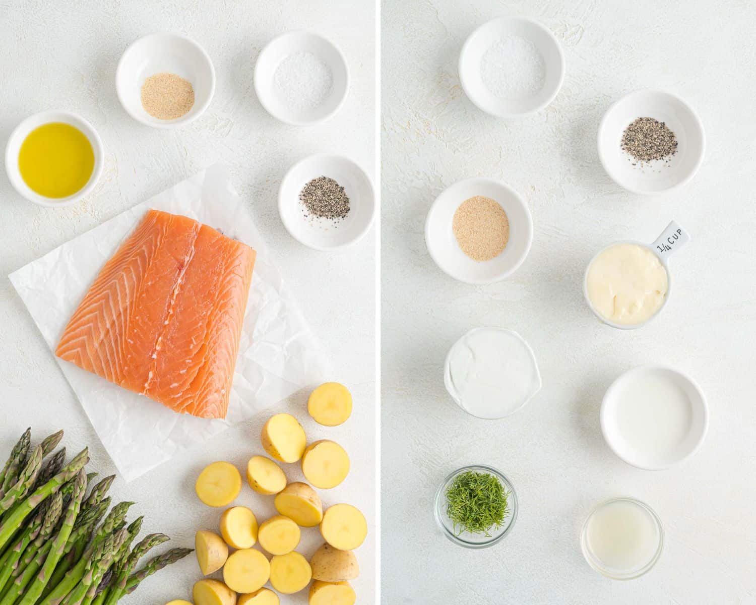 Side by side images of the ingredients for a salmon sheet pan dinner and sauce.