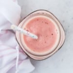 Overhead view of a tropical smoothie.