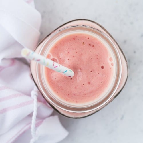 Overhead view of a tropical smoothie.