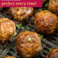 Meatballs, text overlay reads "air fryer meatballs - perfect every time."