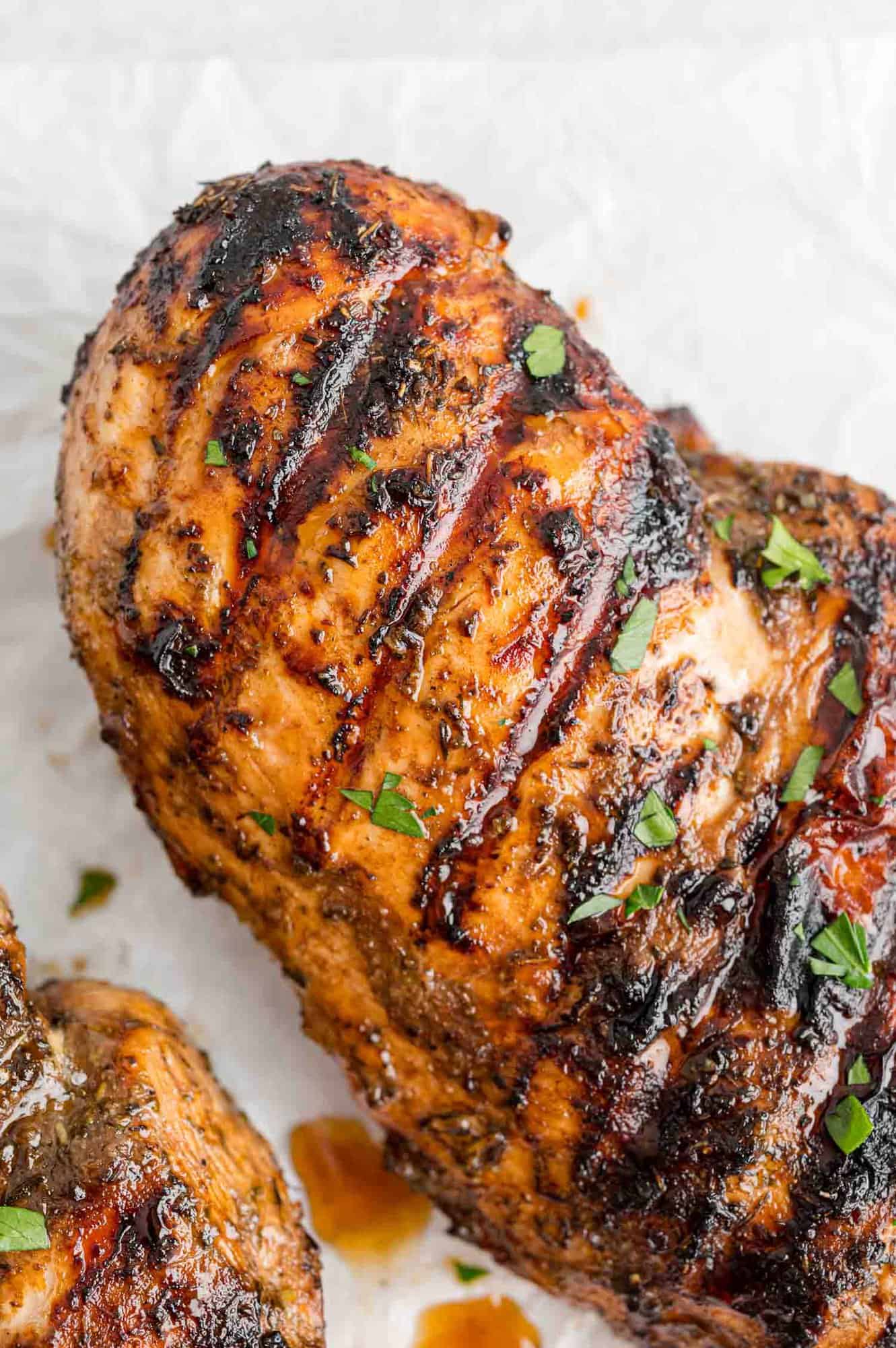 Close up of grilled chicken.