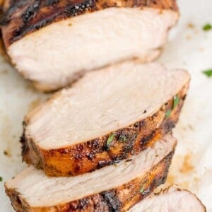 Sliced balsamic marinated chicken.