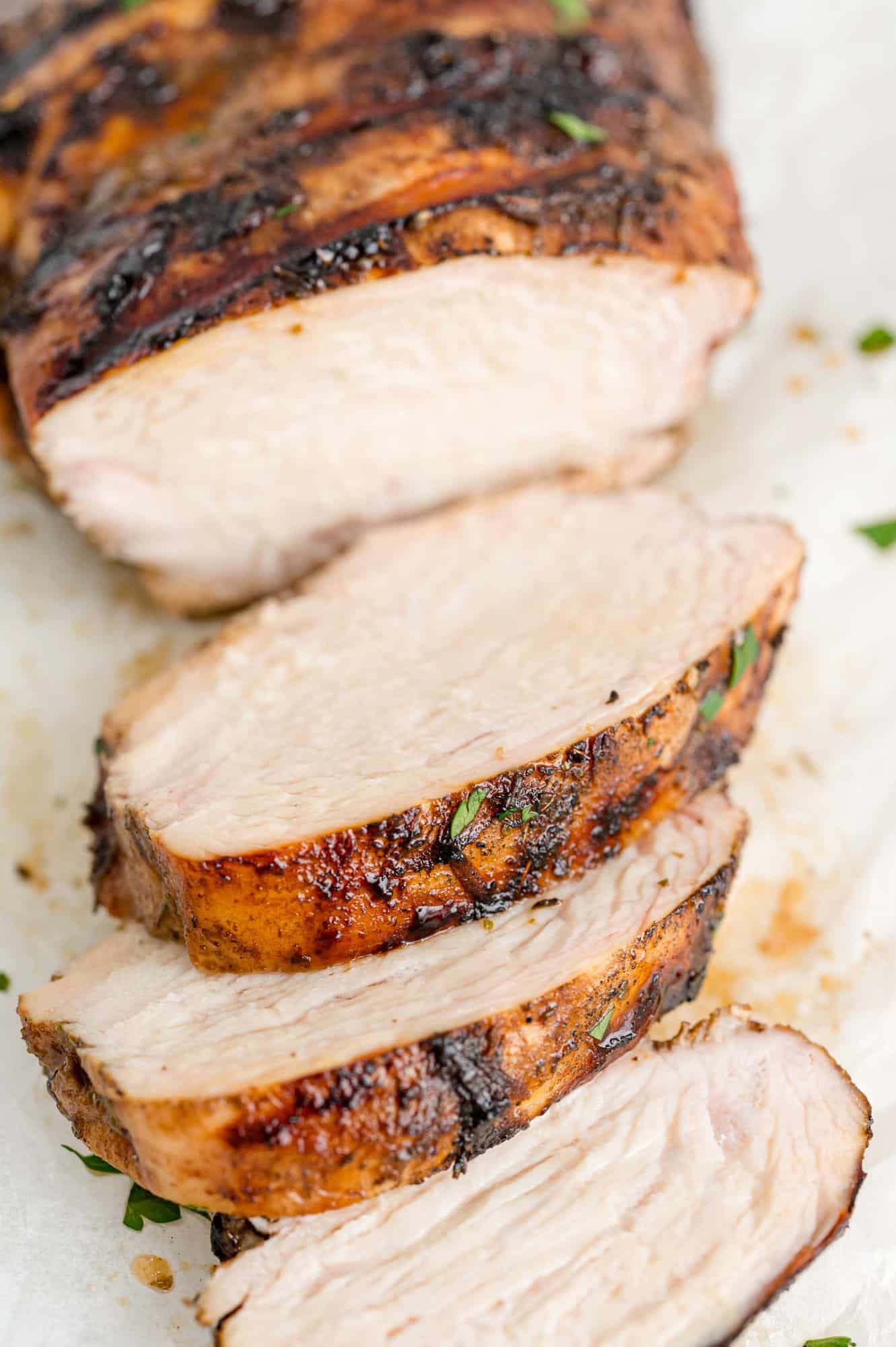 Sliced balsamic marinated chicken.