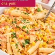 Pasta, text overlay reads "cajun chicken pasta - one pan."