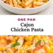 Pasta, text overlay reads "one pan cajun chicken pasta."