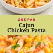 Pasta, text overlay reads "one pan cajun chicken pasta."