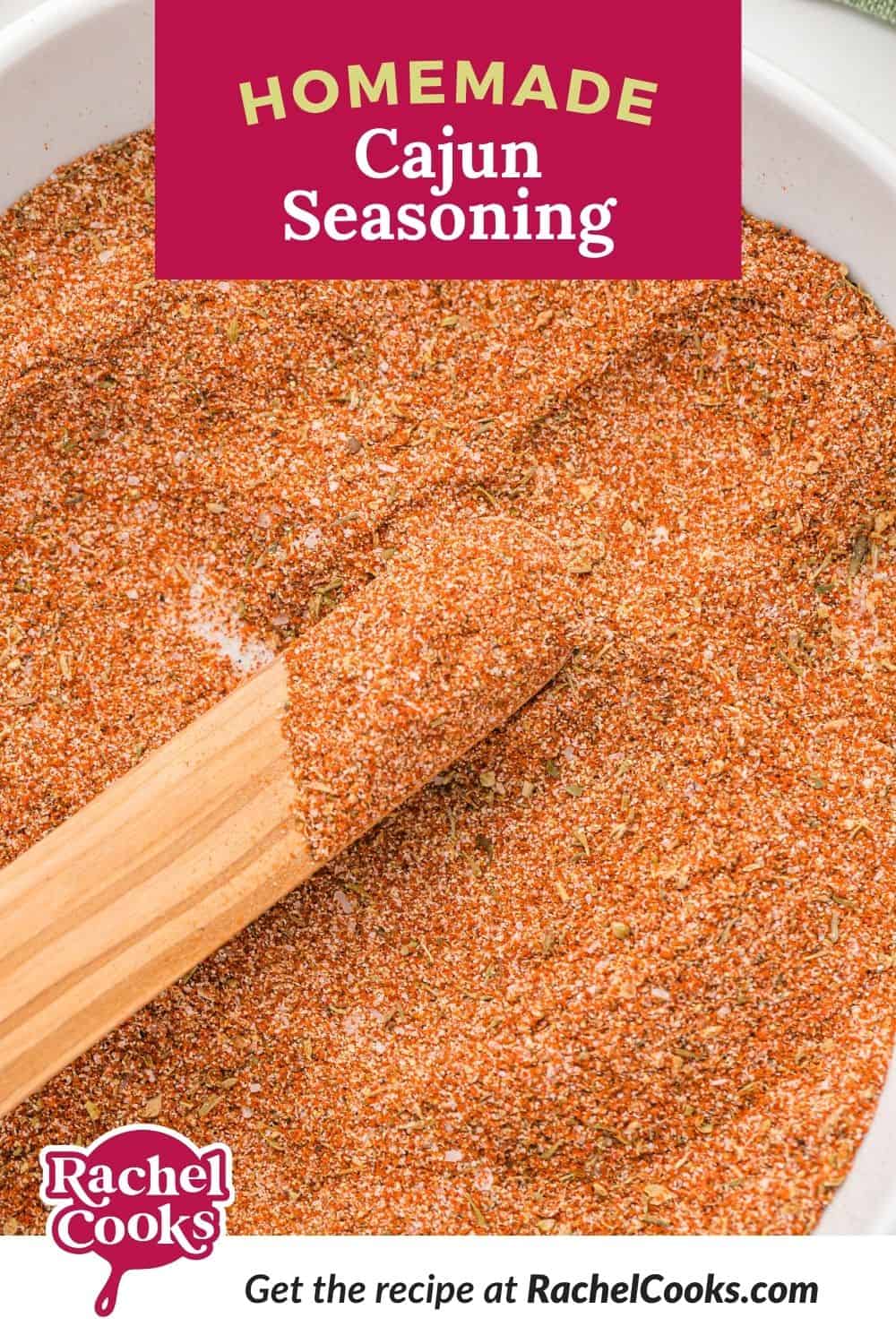 Spice mix, text overlay that reads "homemade cajun seasoning."