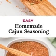 Spice mix, text overlay that reads "easy homemade cajun seasoning."