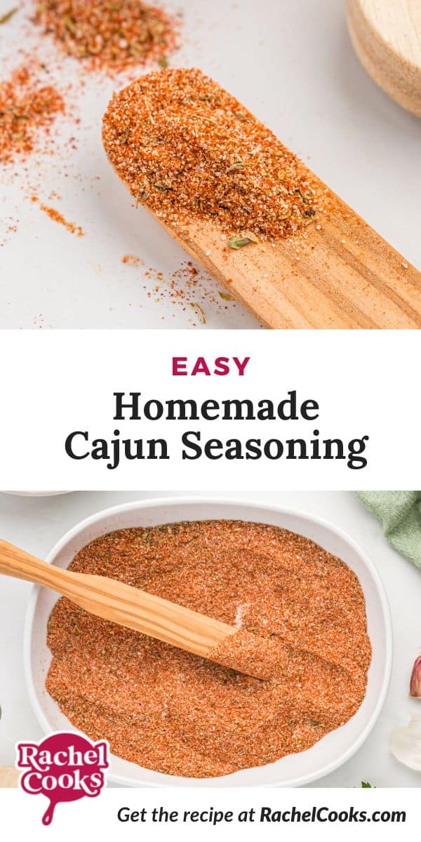 Spice mix, text overlay that reads "easy homemade cajun seasoning."