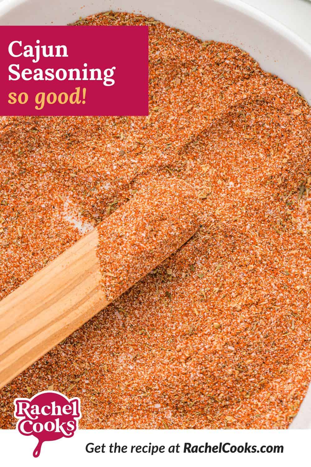 Spice mix, text overlay that reads "cajun seasoning - so good."