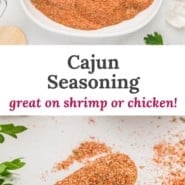 Spice mix, text overlay that reads "cajun seasoning - great on shrimp or chicken."
