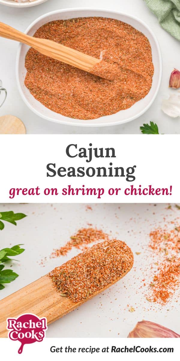 Spice mix, text overlay that reads "cajun seasoning - great on shrimp or chicken."
