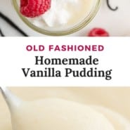 Pudding, text overlay reads "old fashioned homemade vanilla pudding."