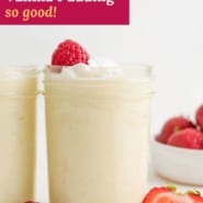 Pudding, text overlay reads "homemade vanilla pudding - so good!"