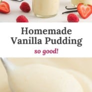 Pudding, text overlay reads "homemade vanilla pudding - so good!"
