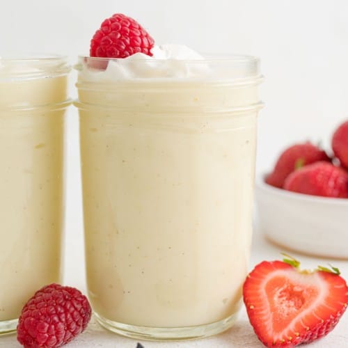 Homemade vanilla pudding in a jar.