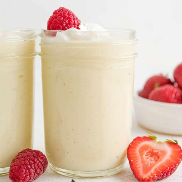 Homemade vanilla pudding in a jar.