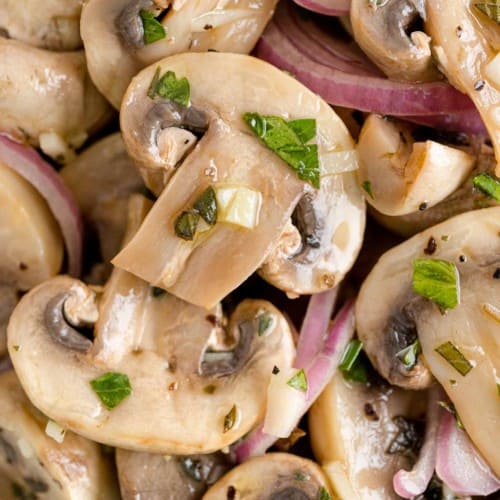 Marinated mushrooms, close up view.