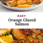 Salmon, text overlay reads "easy orange glazed salmon."