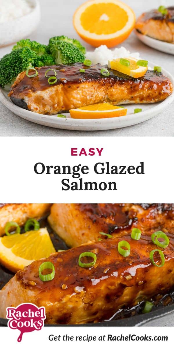 Salmon, text overlay reads "easy orange glazed salmon."