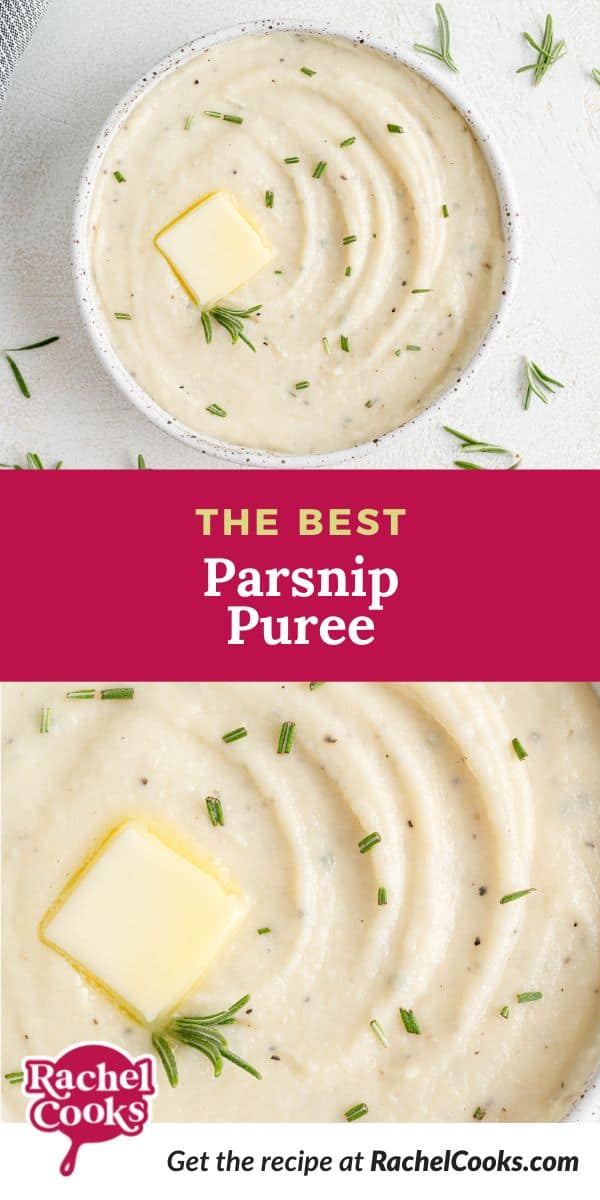 White puree, text overlay reads "the best parsnip puree."
