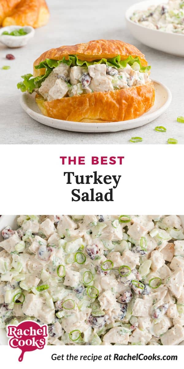 Sandwich, text overlay reads "the best turkey salad."
