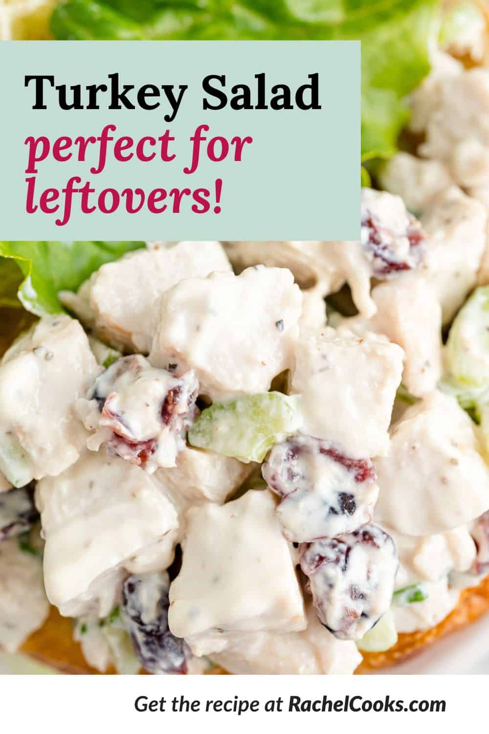 Sandwich, text overlay reads "turkey salad, perfect for leftovers."
