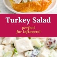 Sandwich, text overlay reads "turkey salad, perfect for leftovers."