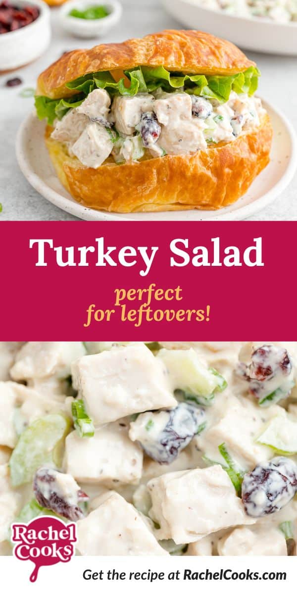 Sandwich, text overlay reads "turkey salad, perfect for leftovers."