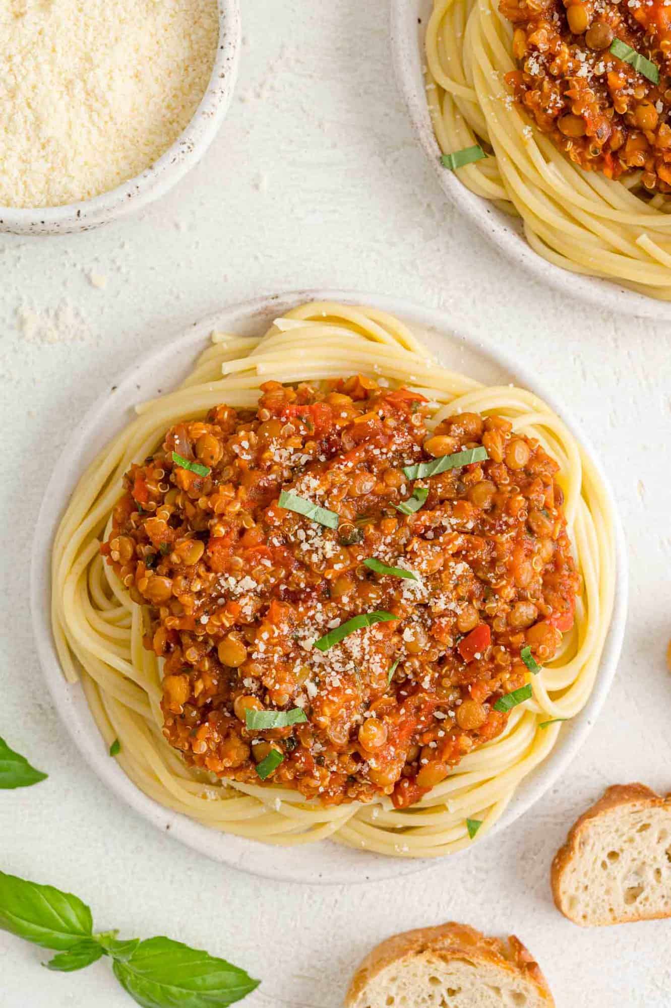 Vegan bolognese on spaghetti.