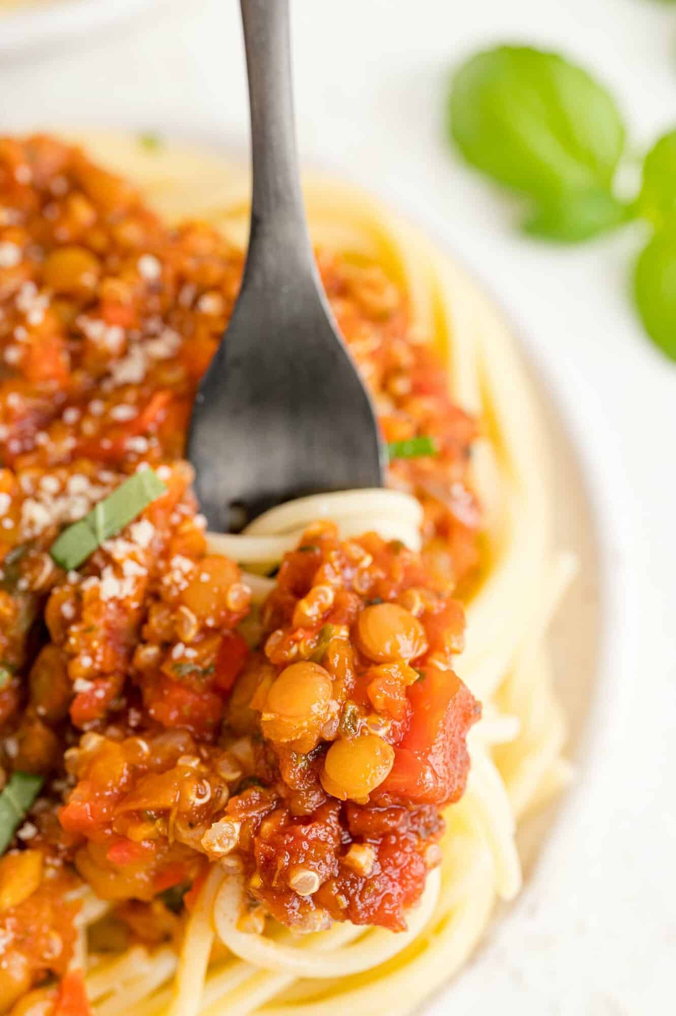 Fork in pasta and lentil quinoa bolognese.