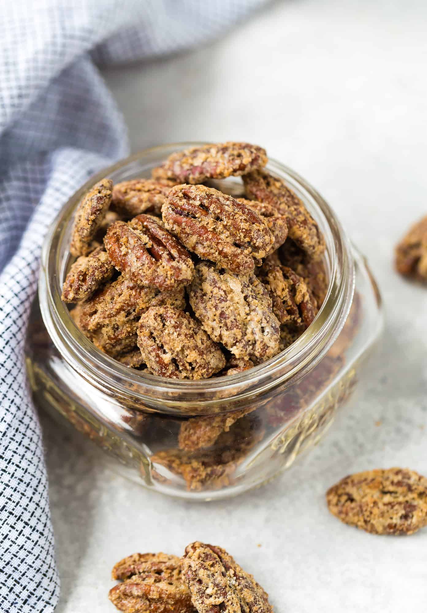 Candied pecans in a jar.