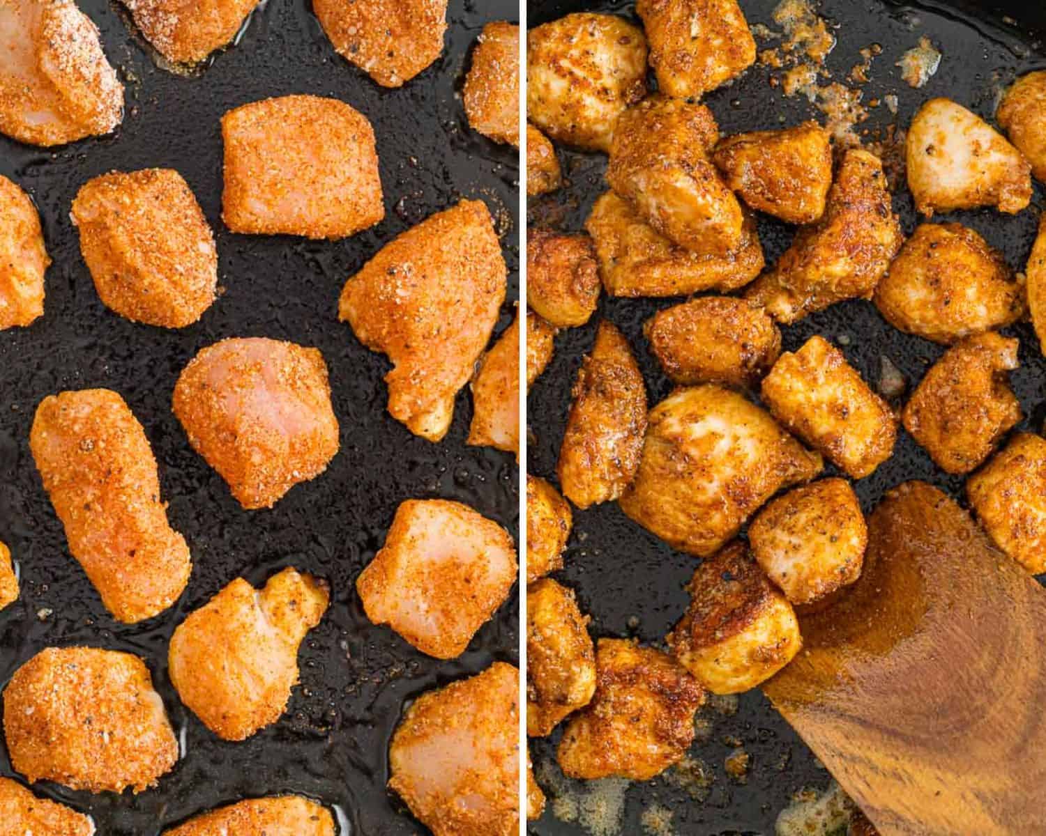 Chicken bites before and after cooking.