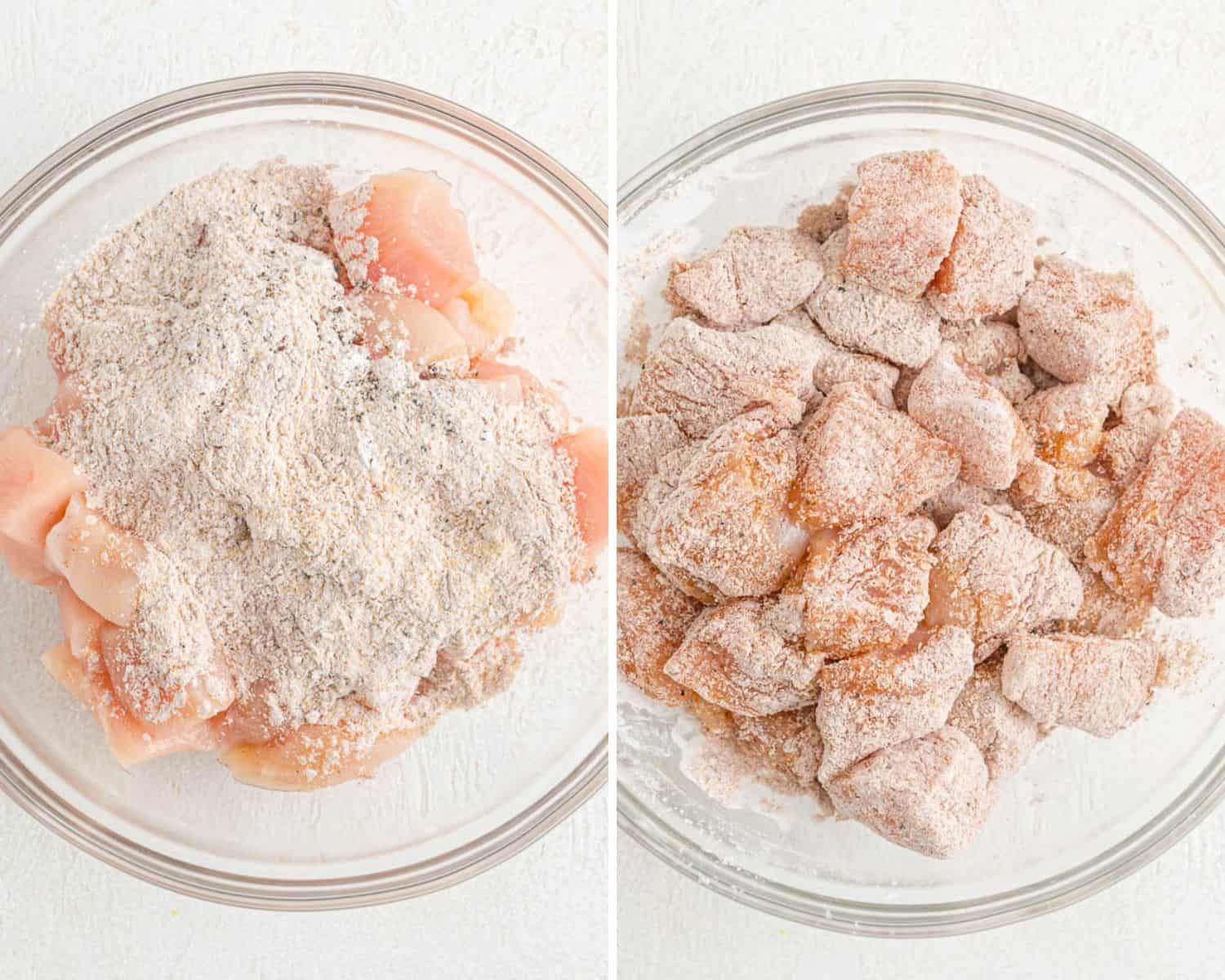 Chicken before and after tossing with spices.