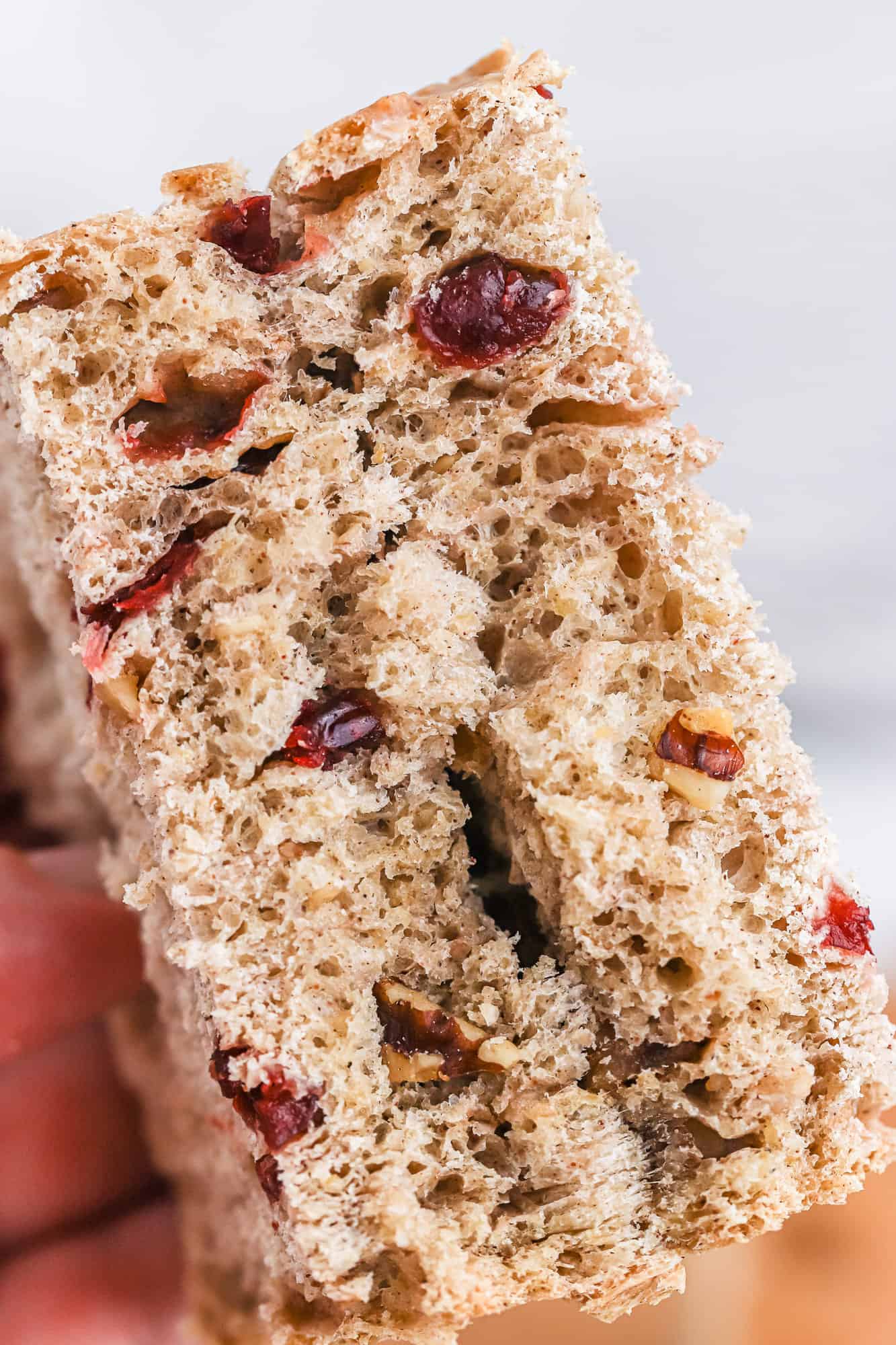 Close up of inside of bread, showing texture.