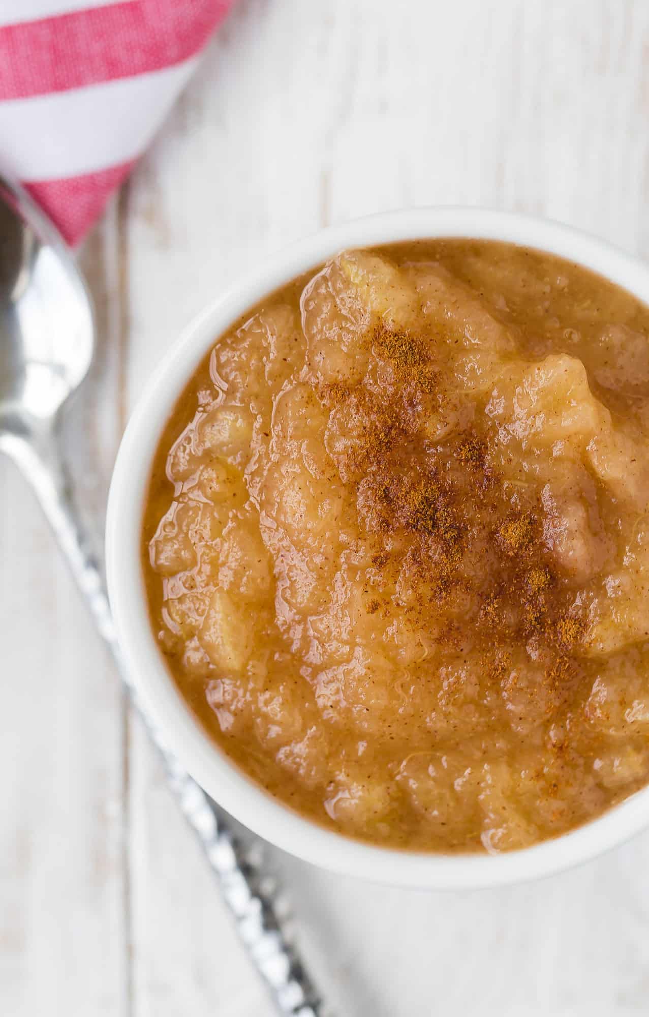 Bowl of cinnamon applesauce, shot from above.