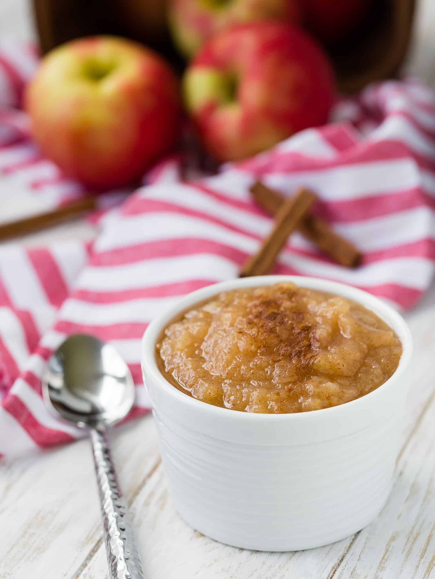 Pressure cooker applesauce in white bowl.