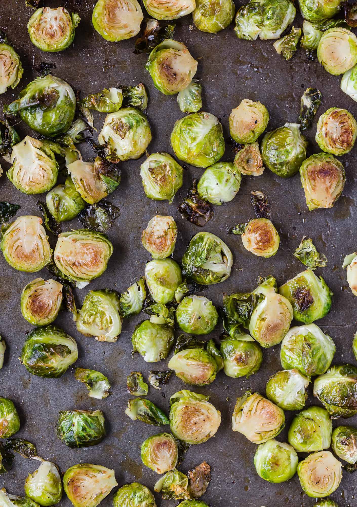 Roasted Brussels sprouts on sheet pan.