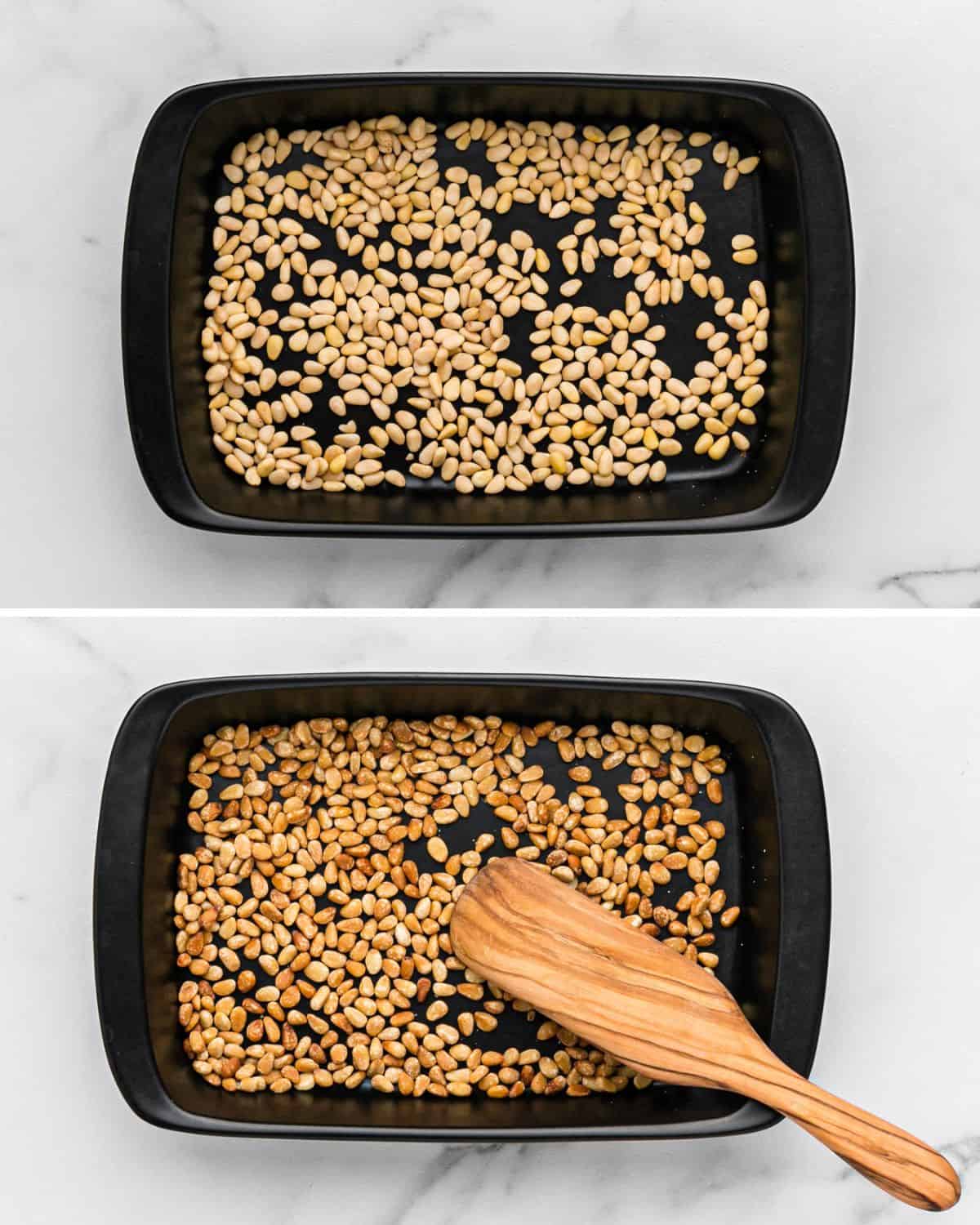 Pine nuts in a microwave safe pan.