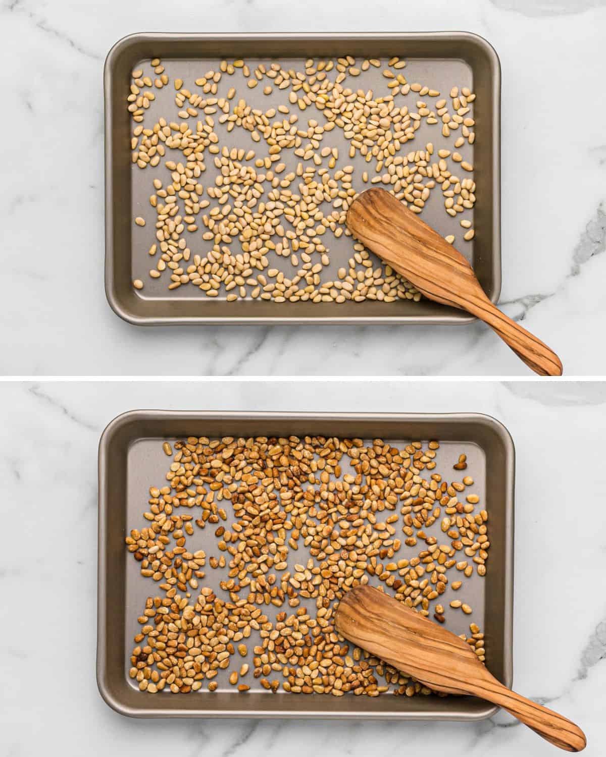 Pine nuts on a sheet pan.