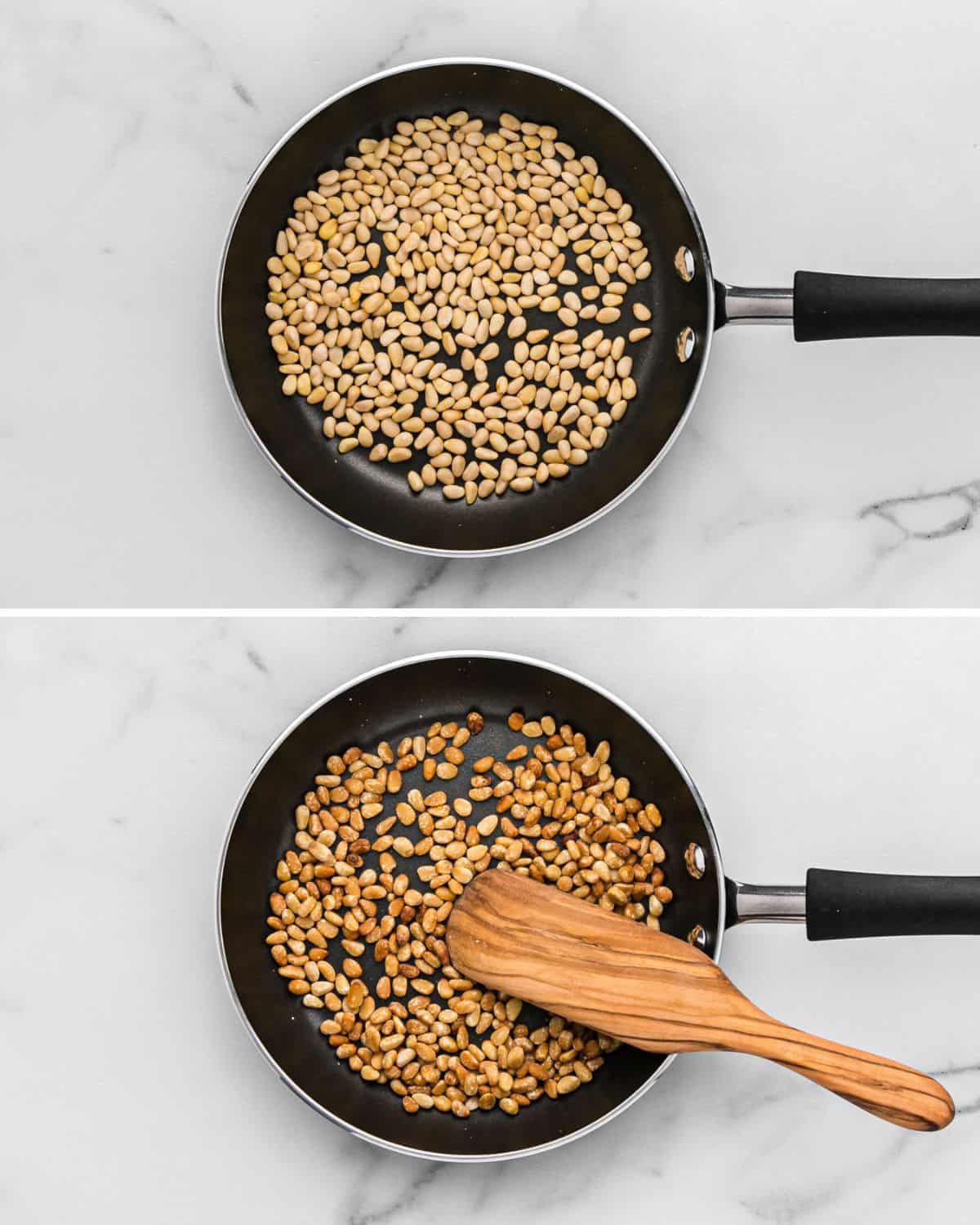 Pine nuts in frying pan.