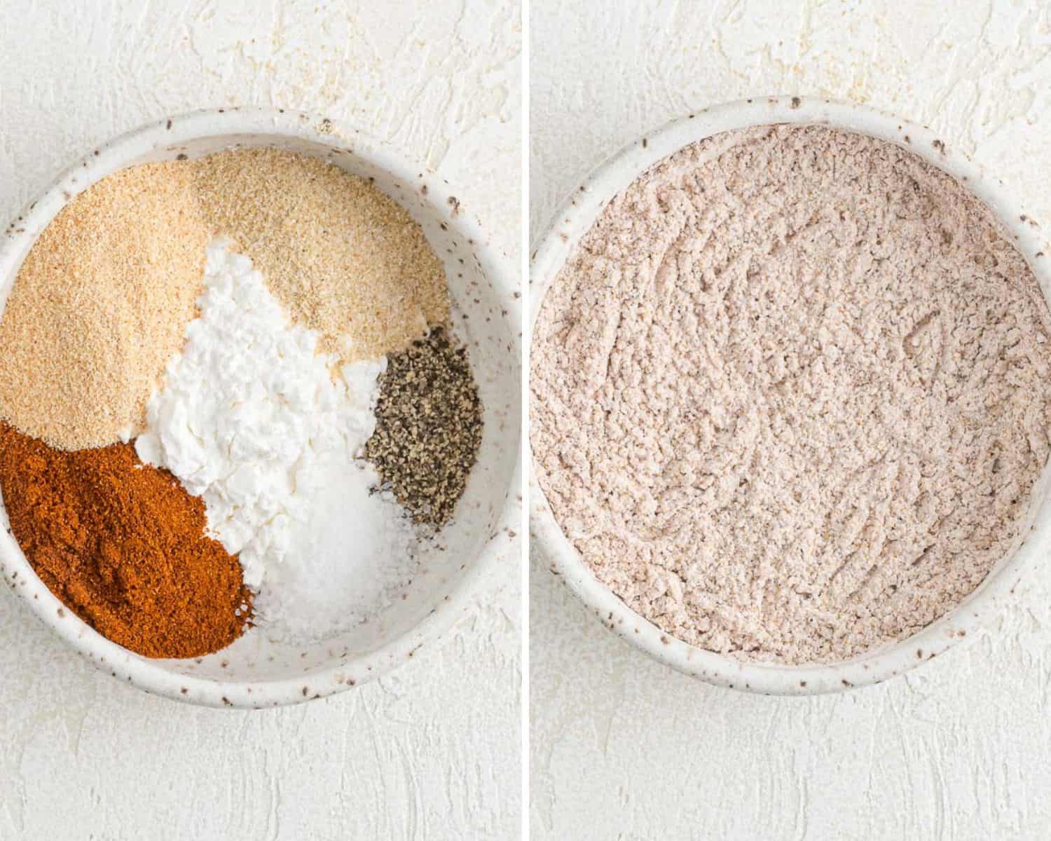 Spices and cornstarch before and after mixing.