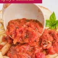 Pasta sauce, text overlay reads "arrabbiata sauce - spicy and delicious."